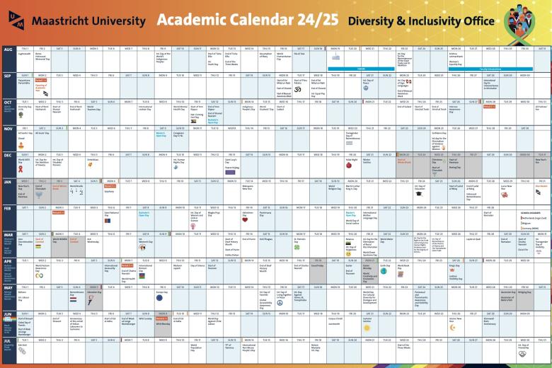 This is a diversity and inclusivity academic calendar for the academic year 2024-2025. It lists significant dates and holidays from August 2024 to July 2025, highlighting various cultural, religious, and international observances such as Lughnasadh, Holocaust Memorial Day, International Day of the World's Indigenous Peoples, Assumption of Mary, and many others. Each month is displayed with corresponding events. The calendar also includes important academic dates like the start of the academic year, exam per